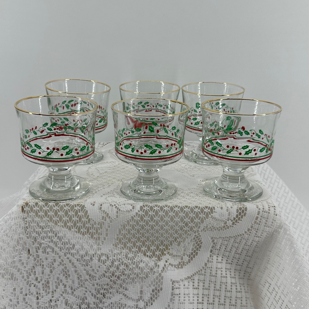 Vintage Christmas Holly Berry Glass Dessert Bowls Gold Rim 6pc Excellent Arby's